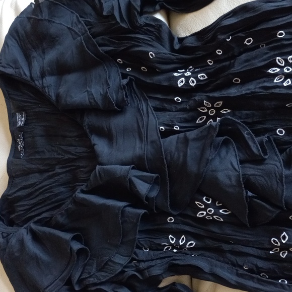 Boho Indi California Black White Foral Embroidered LongSleeve Sheer Blouse SizeL - Picture 3 of 6